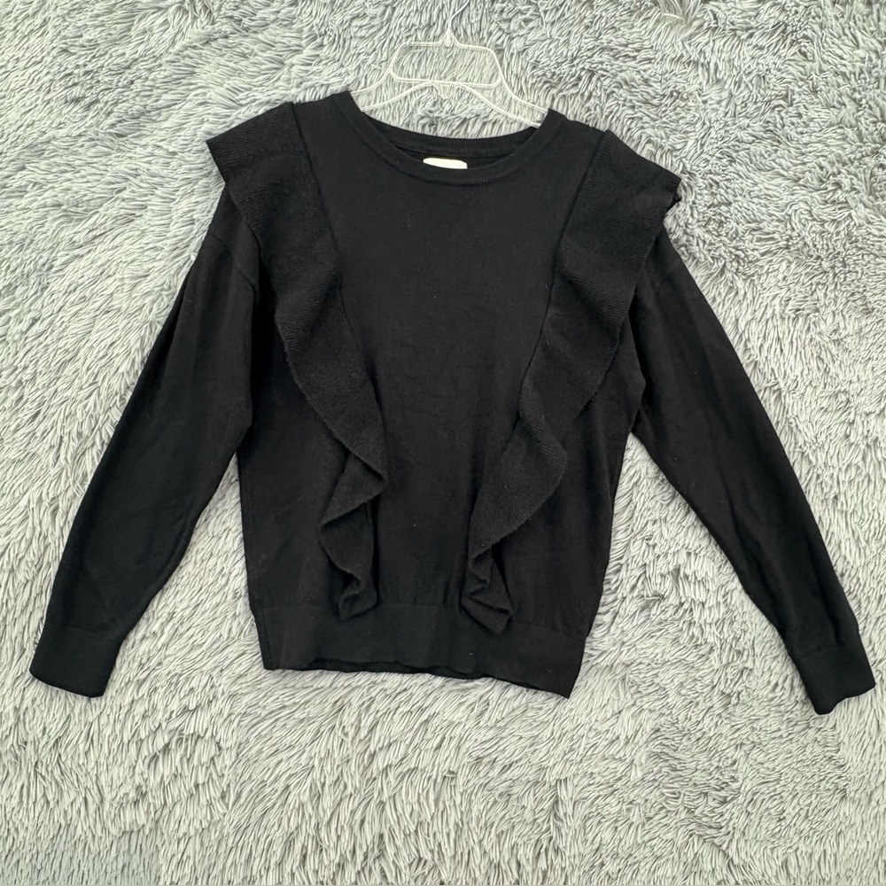 Everly Sweater Womens Small Black Ruffle Lightweight Crewneck Ribbed Cuffs